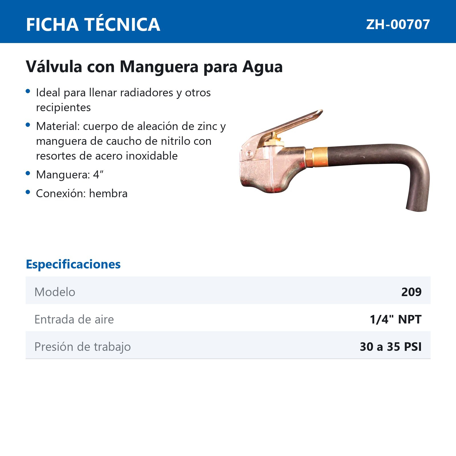 VALVULA CON MANGUERA 1/4" NPT PARA AGUA DE CONEXION HEMBRA  Mod  209BK - Imagen 3