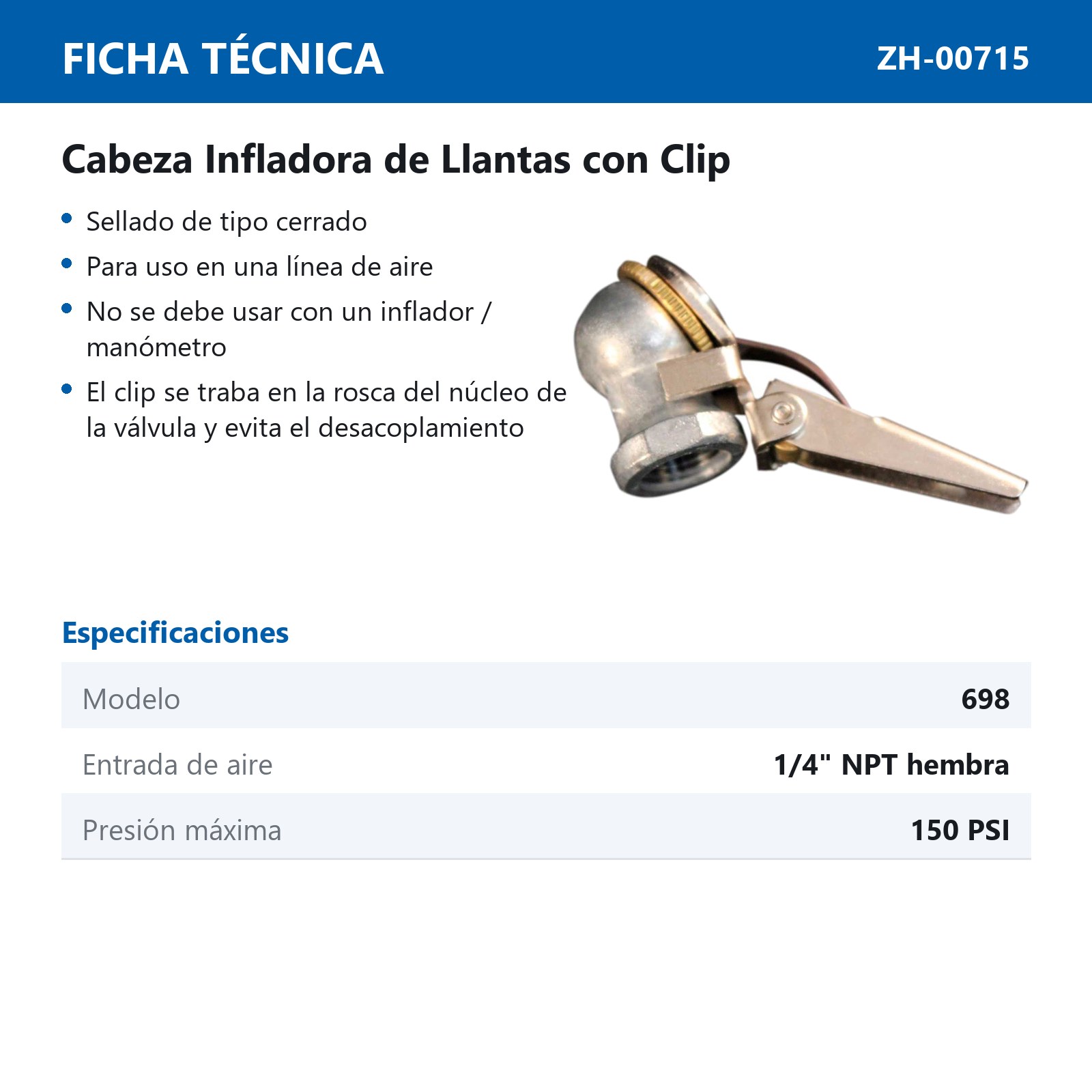 VALVULA PARA INFLAR SENCILLA 1/4" NPT CON CLIP  Mod  698BK - Imagen 3