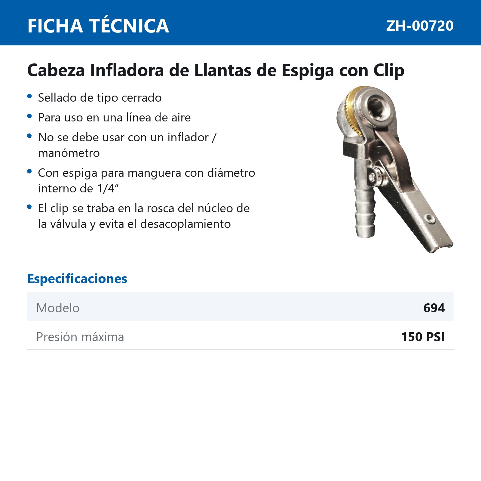 VALVULA PARA INFLAR SENCILLA 1/4" NPT CON CHUCK  Mod  694BK - Imagen 2
