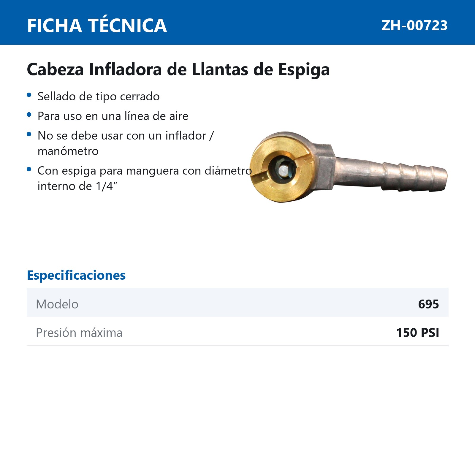 VALVULA PARA INFLAR SENCILLA 1/4"NPT CON ESPIGA  Mod  695 - Imagen 3