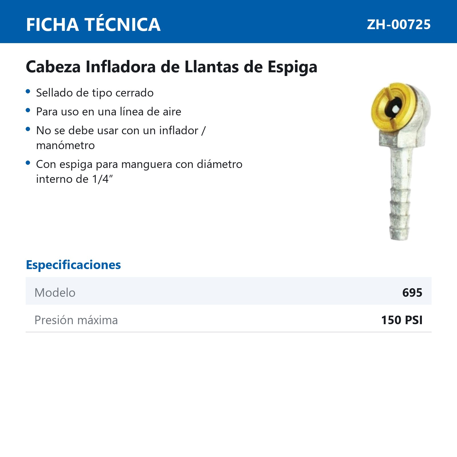 VALVULA PARA INFLAR SENCILLA 1/4" NPT CON ESPIGA  Mod  695BK - Imagen 2