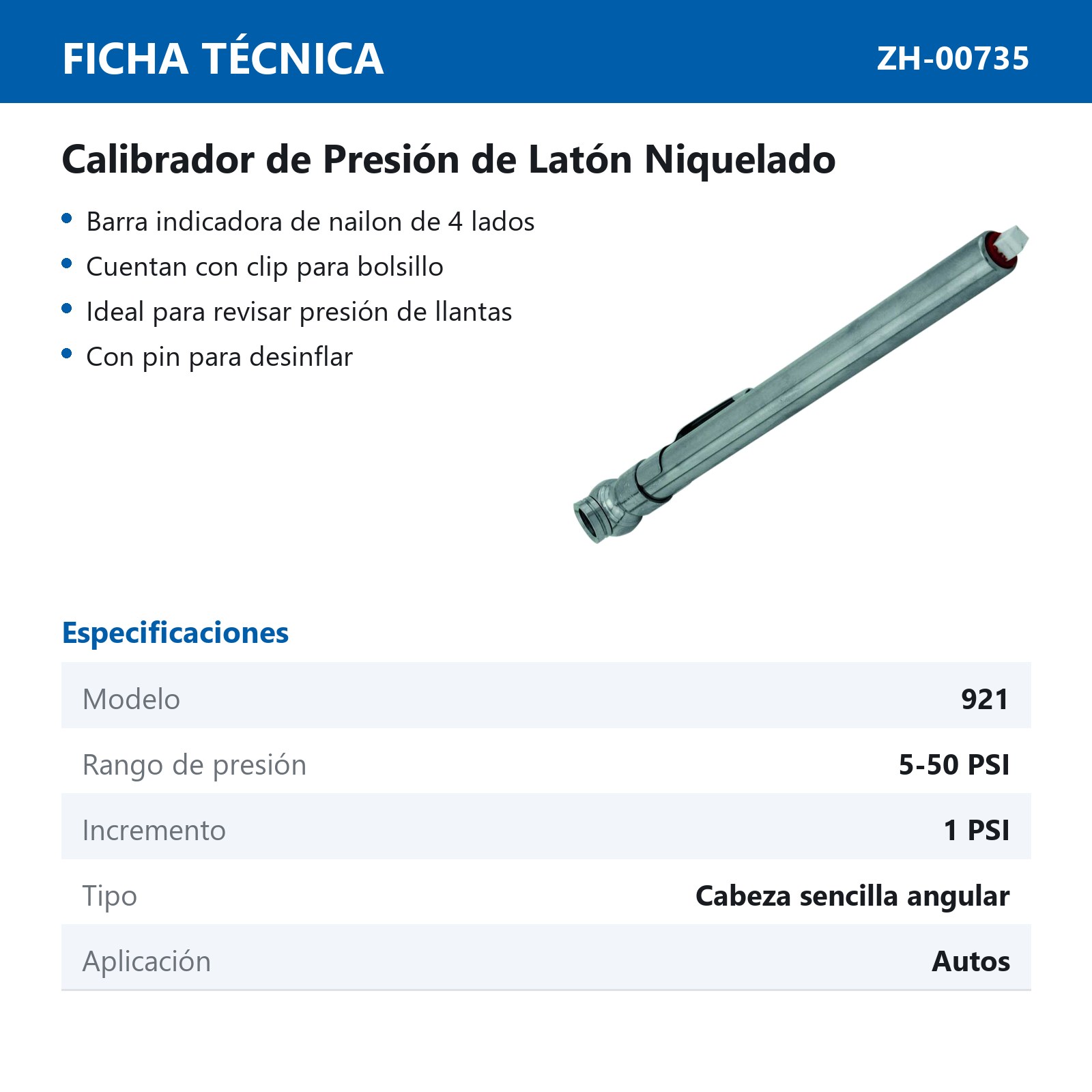 CALIBRADOR  TIPO METALICO PARA CARRO 50 PSI  Mod  S-921 - Imagen 4