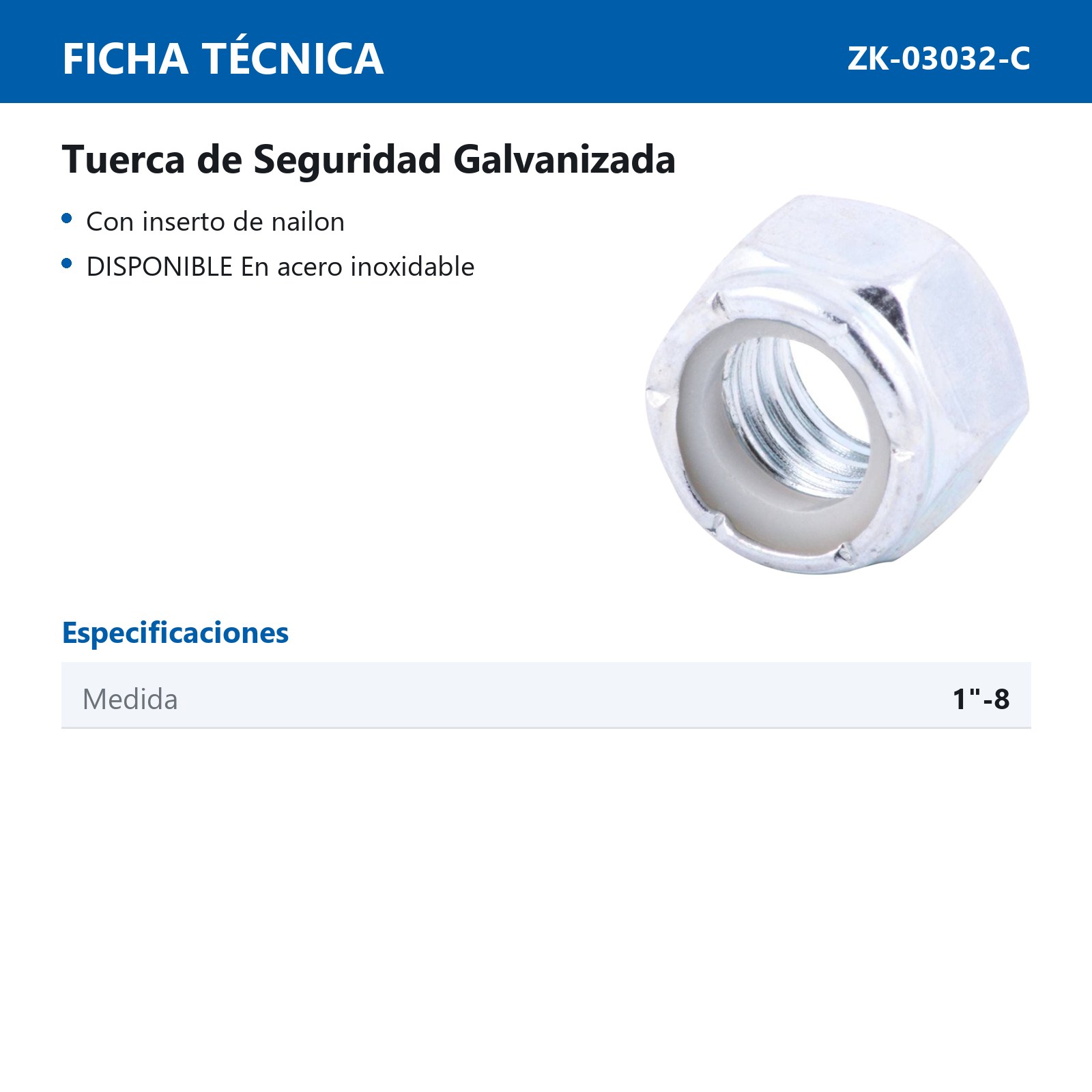 TUERCA D/SEG. INSERTO/NYLON 1-8 (Precio x Caja c/25 pzas) - Imagen 2