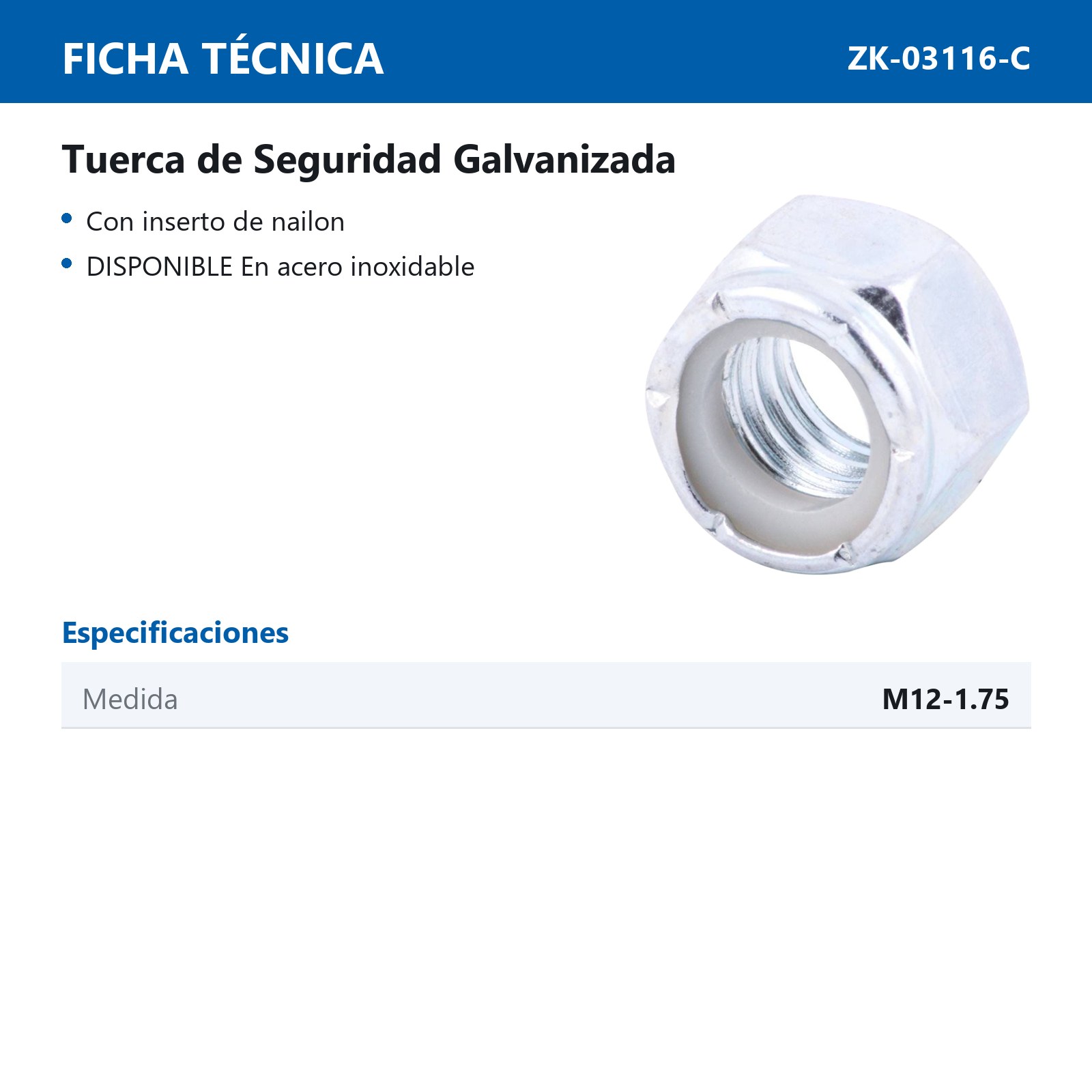 TUERCA D/SEG. INSERTO/NYLON GALV. M12 X 1.75 (Precio x Caja - Caja C/100 pzas) - Imagen 2