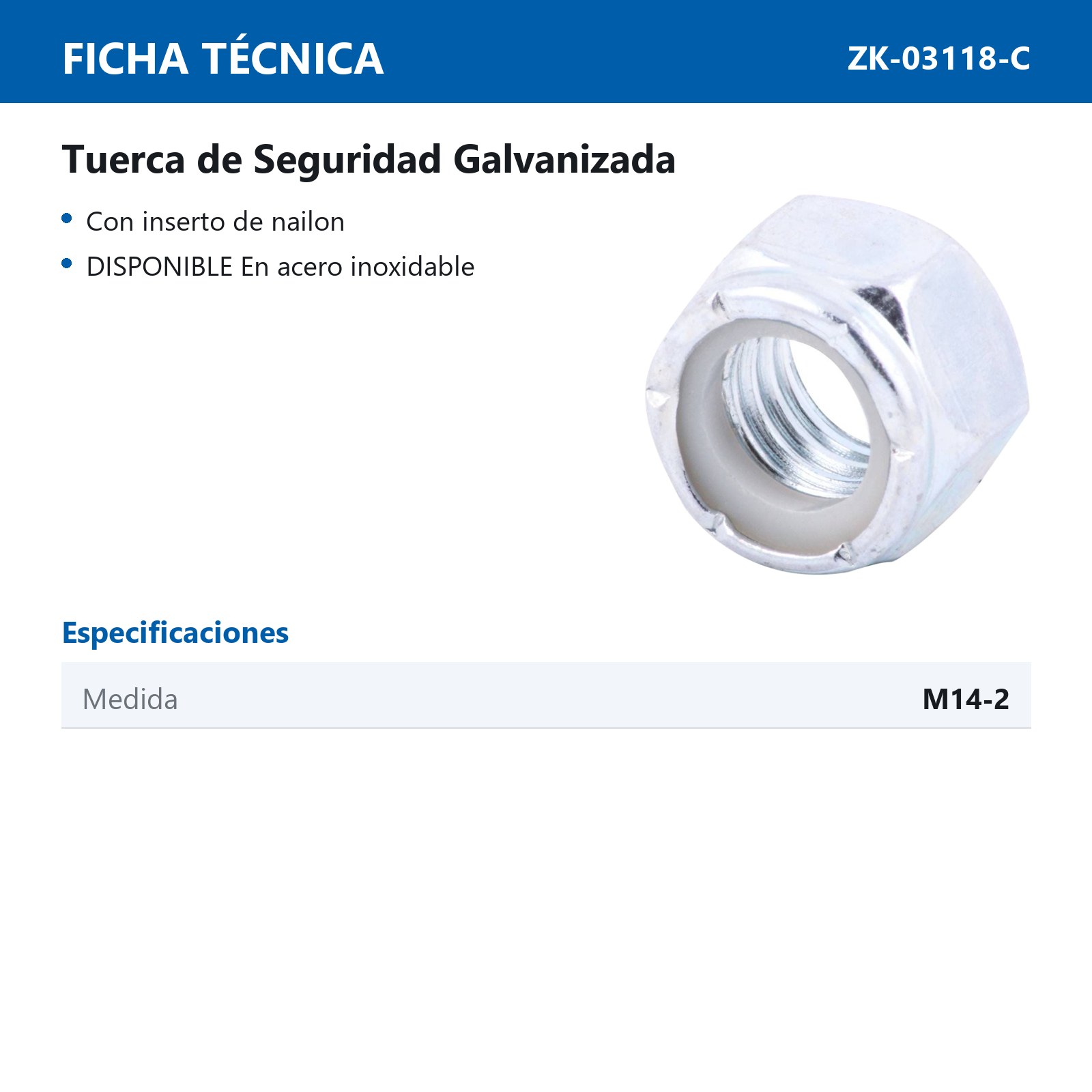 TUERCA D/SEG. INSERTO/NYLON GALV. M14 X 2 (Precio x Caja - Caja C/100 pzas) - Imagen 2